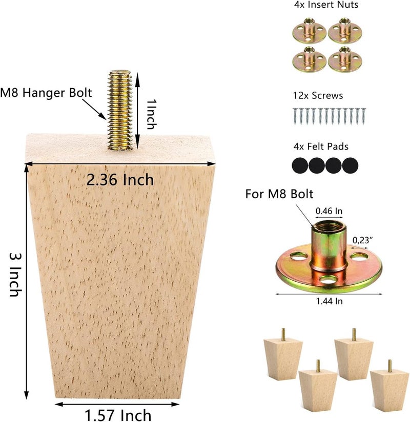 Michanco 3 Inch Unfinished Wood Furniture Legs Set of 4 DIY Square Tapared Wood Furniture Feet for Couch Sofa - Image 5